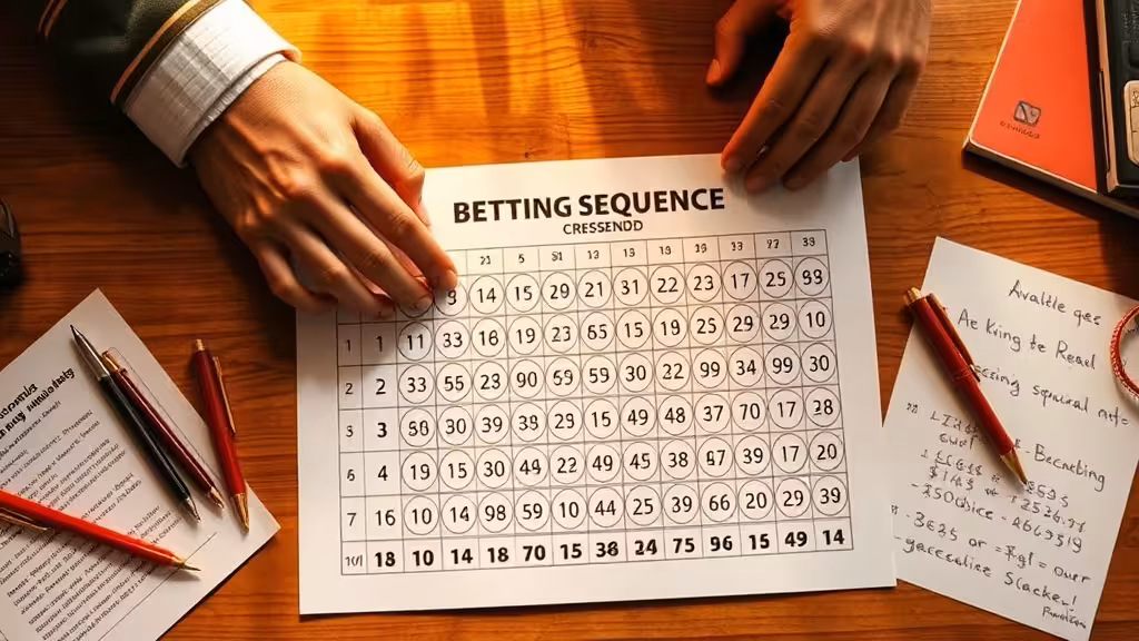 Main analysant une grille Crescendo avec notes manuscrites et calculs de montantes, ambiance d'étude méthodique