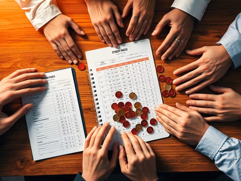 Mains de joueurs autour d'une table d'analyse collective, notes et jetons de mise