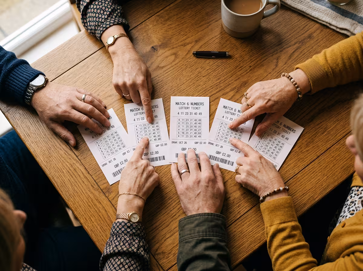 Plusieurs mains tenant des tickets de loto sur une table, illustration de la syndication comme stratégie