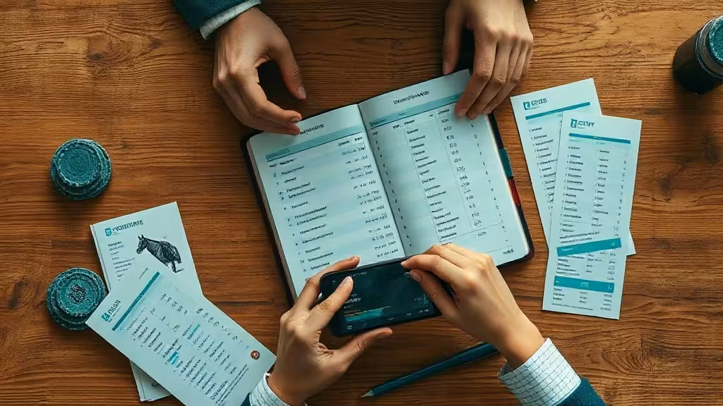 Bureau de parieur analysant un coup sûr PMU avec écran de cotes et carnet de pronostics