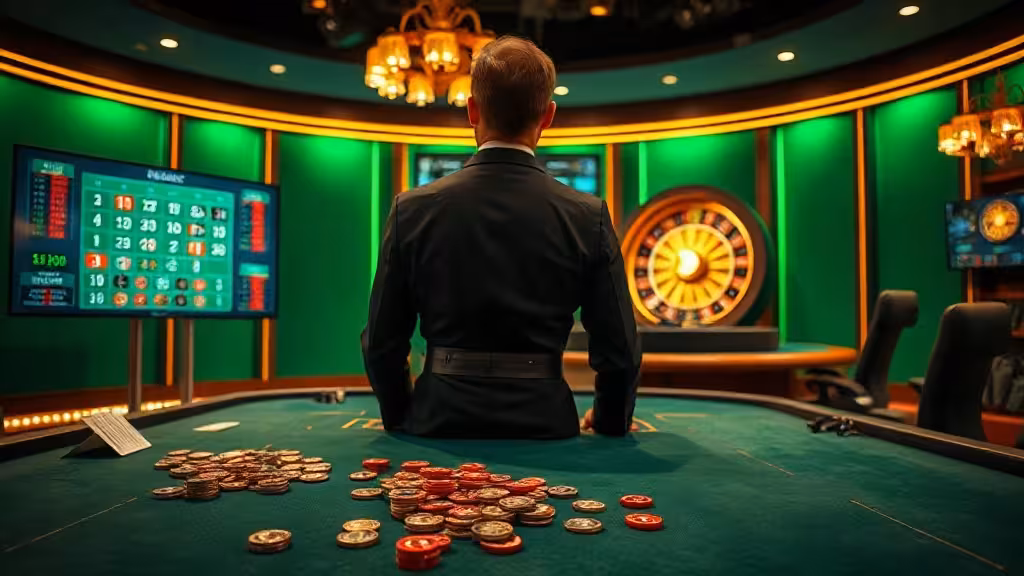 Studio de casino live avec roue de jeu illuminée, jetons et écrans d'affichage des statistiques