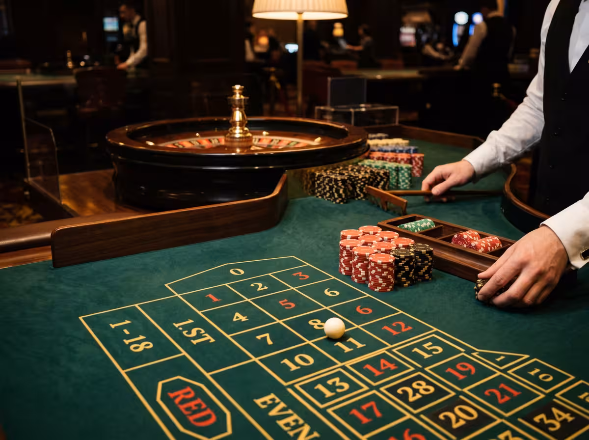 Table de roulette au casino d'Enghien-les-Bains, jetons et tapis vert sous éclairage feutré