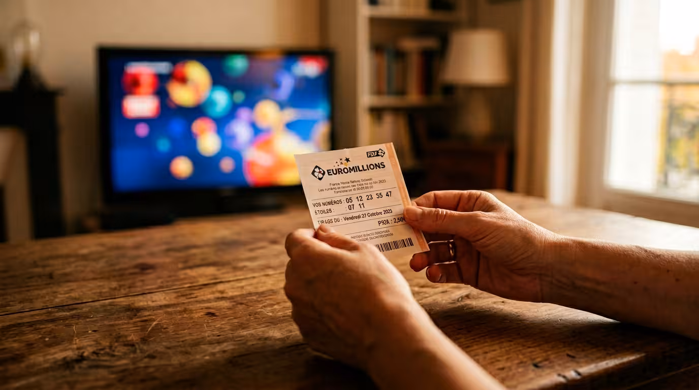 Mains vérifiant un résultat Euromillion sur un ticket avec écran flou en arrière-plan