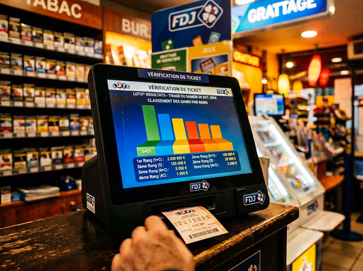 Borne de vérification d'un résultat Euromillion affichant les rangs de gains