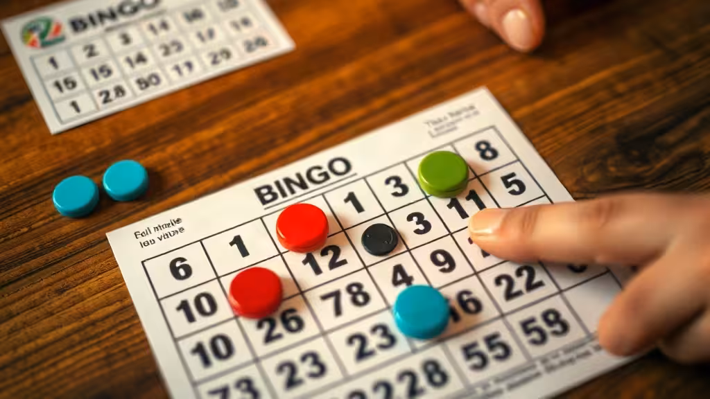 Partie de bingo FDJ en cours avec grille, jetons colorés et lumière chaleureuse de turf