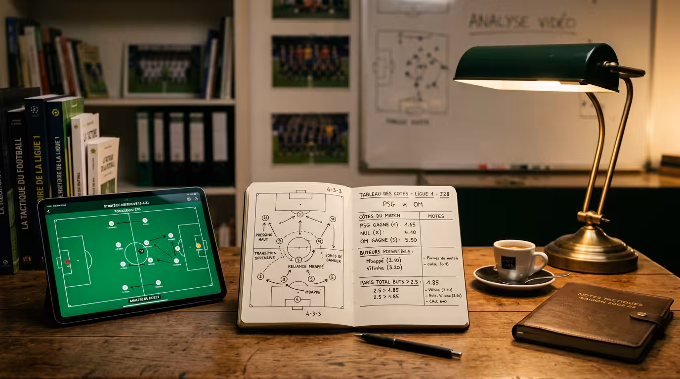 Bureau d'analyse pour pronostic football avec carnet tactique et tablette