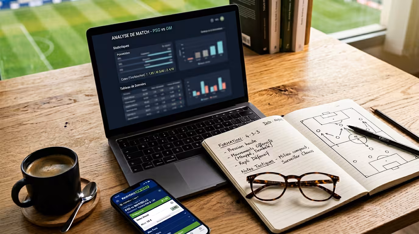 Bureau d'analyste avec écran de pronostics football et carnet de notes en français