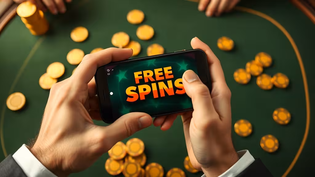 Téléphone affichant une offre de free spins casino sur table de jeu, jetons dorés et ambiance luxe casino.