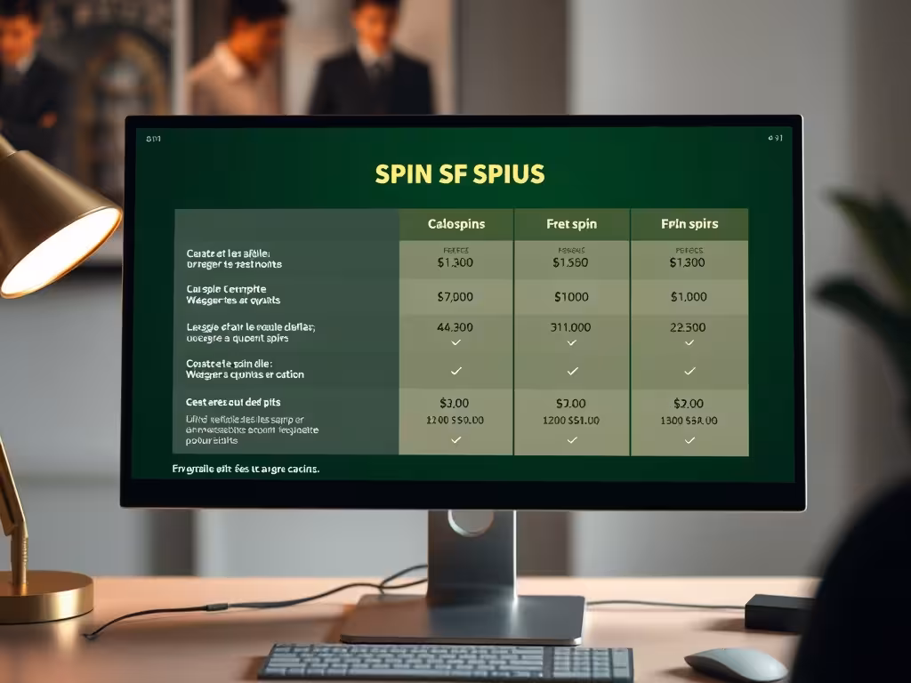 Interface casino de comparaison d'offres free spins et conditions de jeu sur écran de bureau.