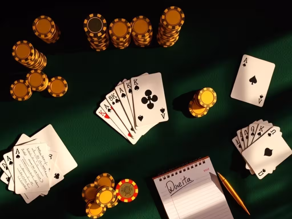 Plateau stratégique casino vue de dessus : jetons, cartes et notes méthodiques sur feutrine verte.
