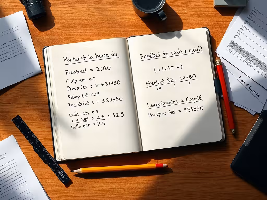 Calculs manuscrits de conversion de freebet en argent réel sur un carnet d'analyse