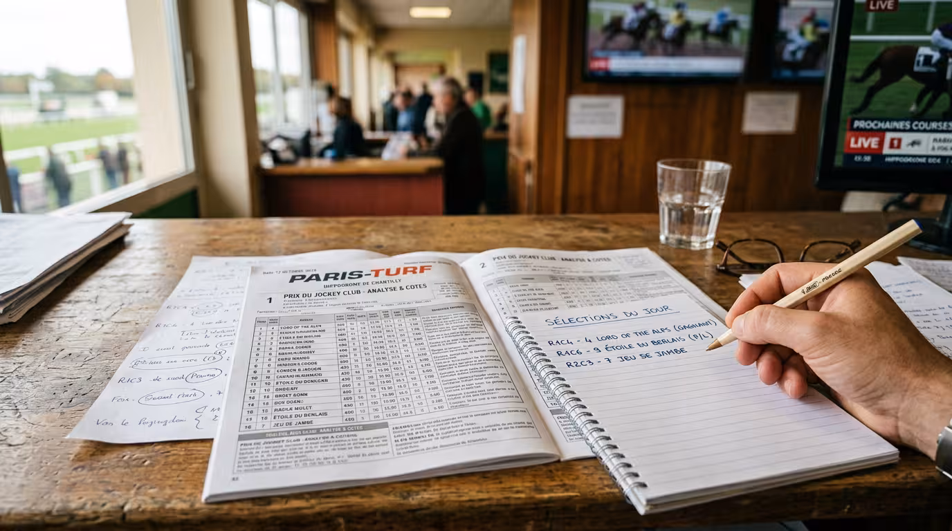 Plan de travail de turfiste analysant les formulaires de sélection hippique avec cahier et stylo, ambiance professionnelle turf.