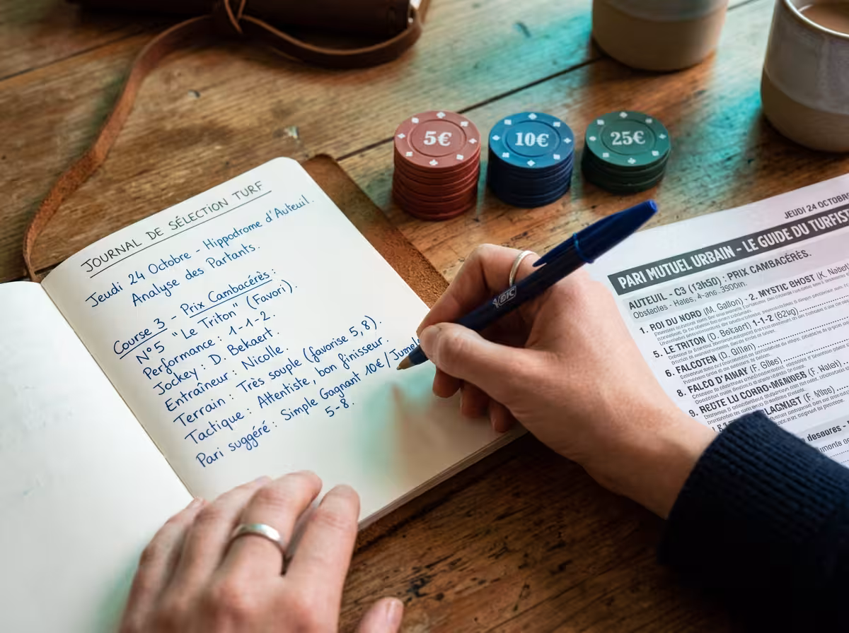 Carnet de sélection turf avec annotations et jetons de mise, illustrant la discipline méthodique du gagnant hippique.