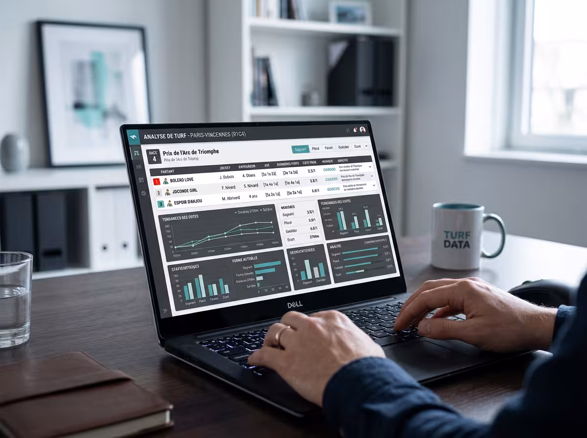 Écran d'ordinateur affichant les données hippiques et statistiques de courses, outils numériques modernes pour la sélection turf.