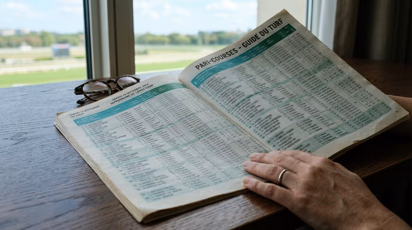Programme turf ouvert sur une table en bois, analyse d'une base geny en lumière naturelle