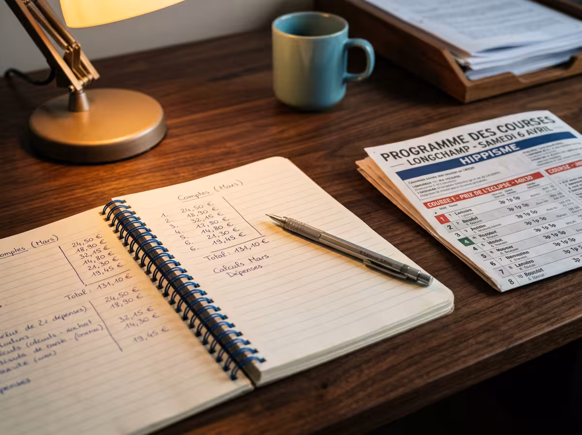 Carnet de notes avec calculs de bankroll et programme hippique, stratégie de mise turf