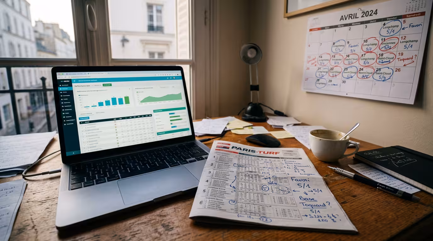 Bureau d'analyse turf avec ordinateur, presse hippique annotée et carnet pour préparer ses pronostics Geny Courses