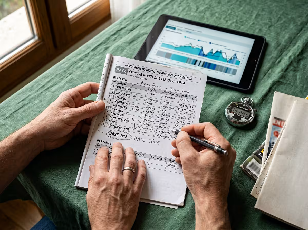 Mains annotant un programme de courses pour exploiter les pronostics turf sans suivi aveugle