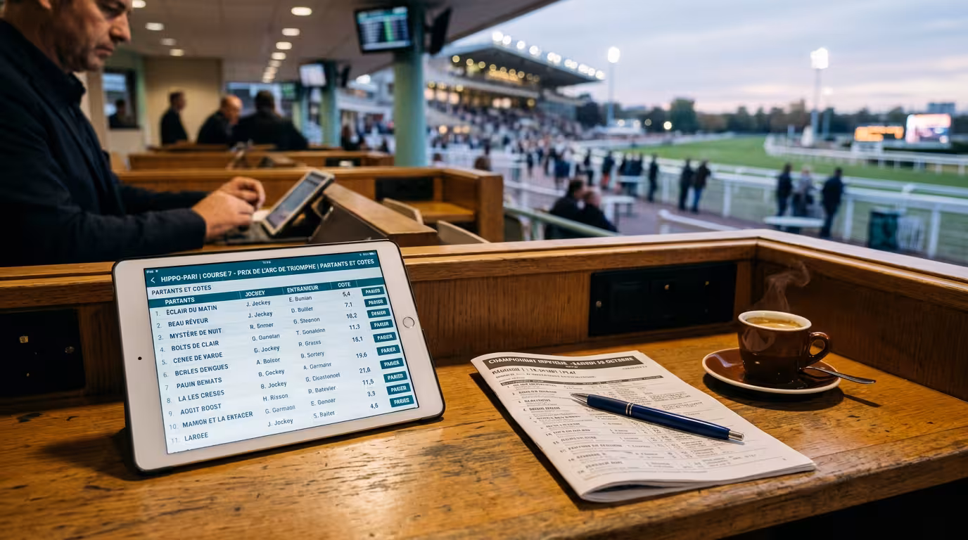 Bureau de paris hippiques avec tablette affichant les cotes Genybet et programme des courses