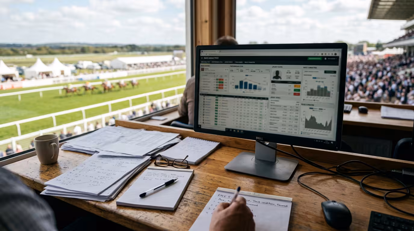 Bureau d'analyste en pronostics hippiques avec ordinateur affichant des données de courses et hippodrôme flou en arrière-plan