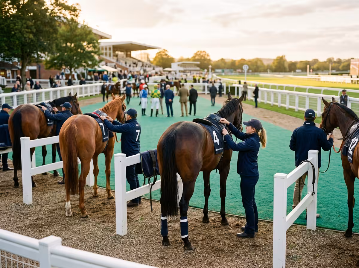 Hippodrôme avec chevaux en préparation, illustrant l'intelligence artificielle hippique comme filtre de partants en pratique