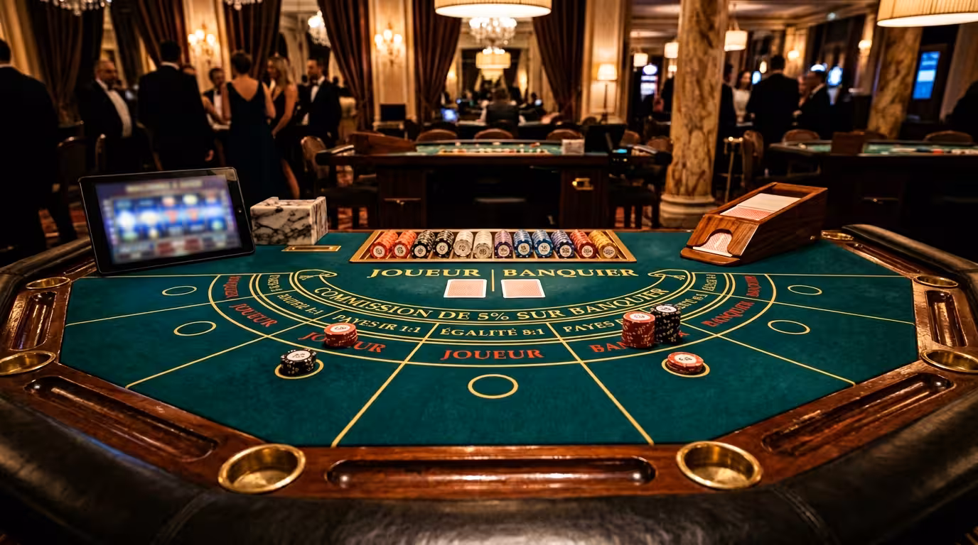 Table de casino avec jetons et tablette pour jouer au jeu casino gratuit en démo