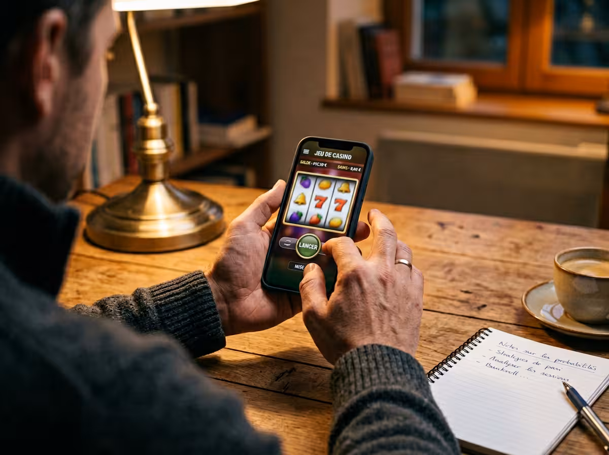 Joueur testant un jeu casino gratuit sur smartphone avant de miser en argent réel