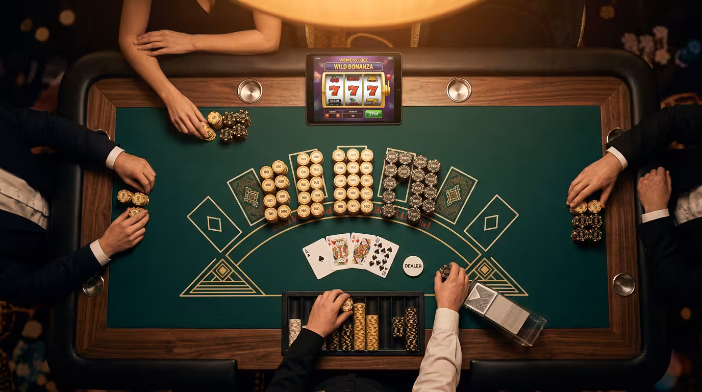 Table de casino avec cartes, jetons et écran affichant des jeux gratuits casino en mode démo