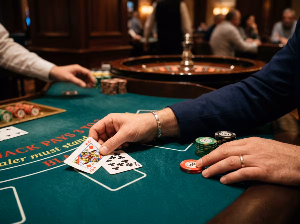 Mains tenant des cartes de blackjack sur tapis de casino, illustration du mode démo jeux gratuits