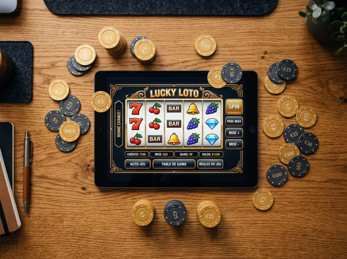 Tablette affichant une interface de machine à sous en mode démo, jeux gratuits casino sans dépôt