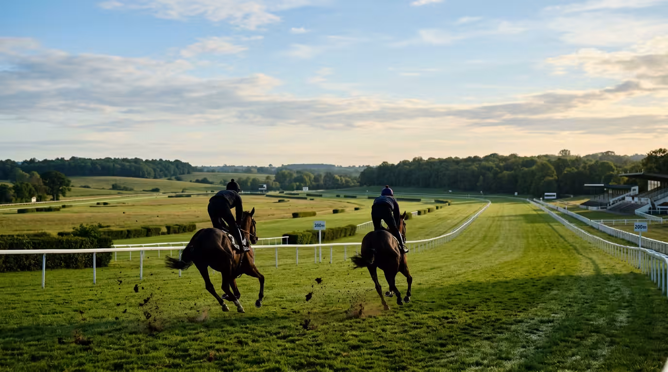 Jockeys au galop sur l'hippodrome français, silhouettes de dos sur piste verte au petit matin