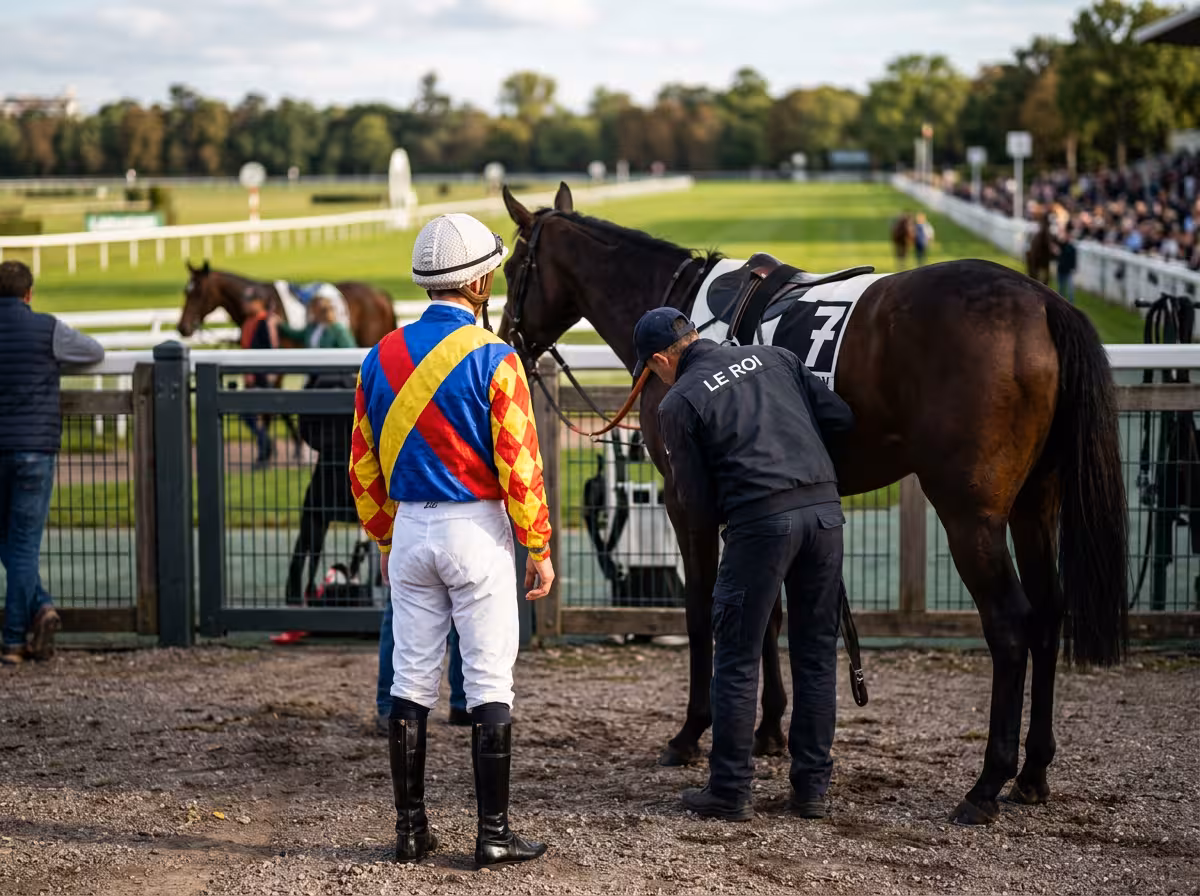 Jockey de dos dans le paddock lors d'un changement de monte de dernière minute