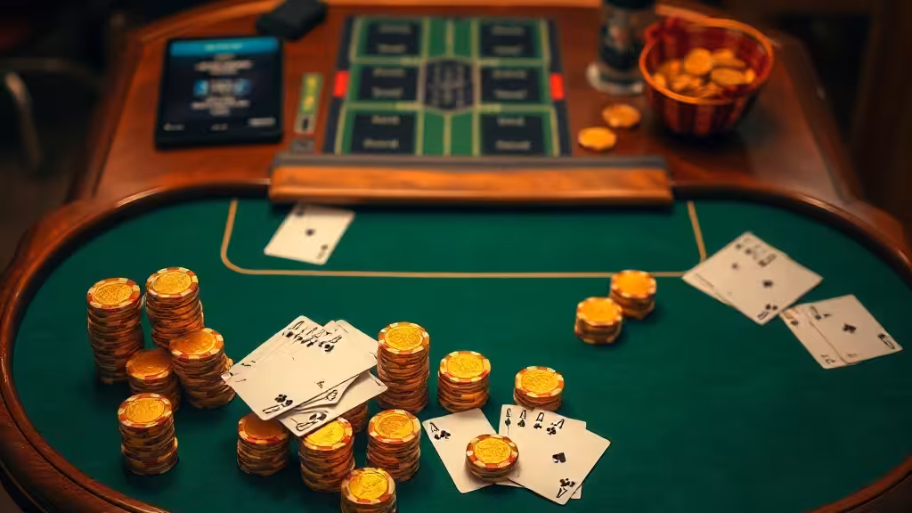 Table de jeu premium avec jetons et cartes dans une ambiance casino en ligne professionnel
