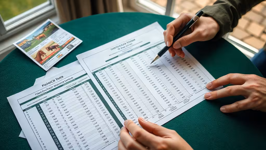 Feuille d'analyse de courses hippiques avec cotes et numéros de chevaux sur fond vert