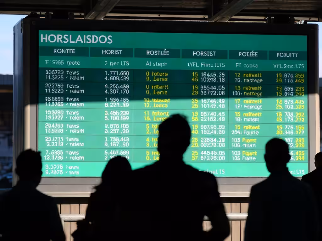 Tableau d'affichage des cotes en direct à l'hippodrome montrant numéros et cotes