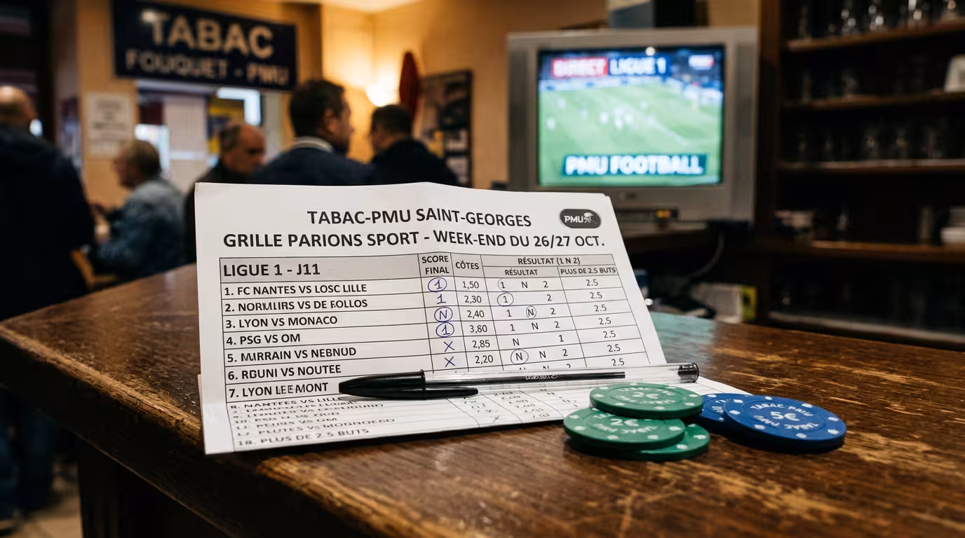 Grille de paris sportifs FDJ posée sur un comptoir de tabac avec stylo et jetons