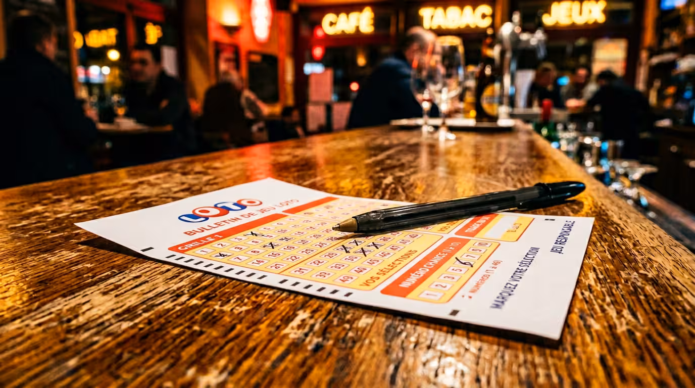Grille de Loto cochée pour le tirage du soir posée sur un comptoir en bois