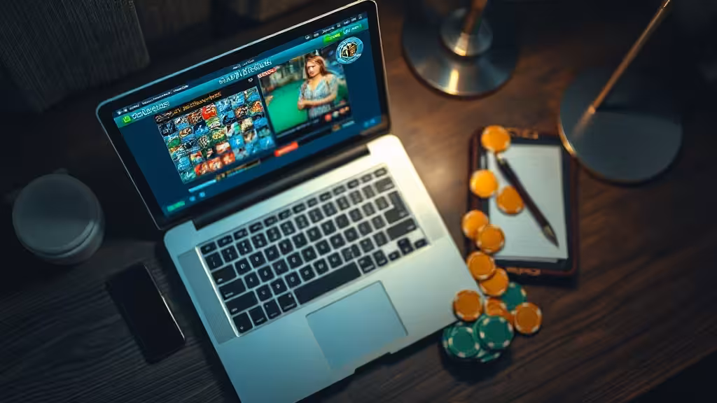 Bureau de casino en ligne avec écrans de jeu, jetons et ambiance professionnelle