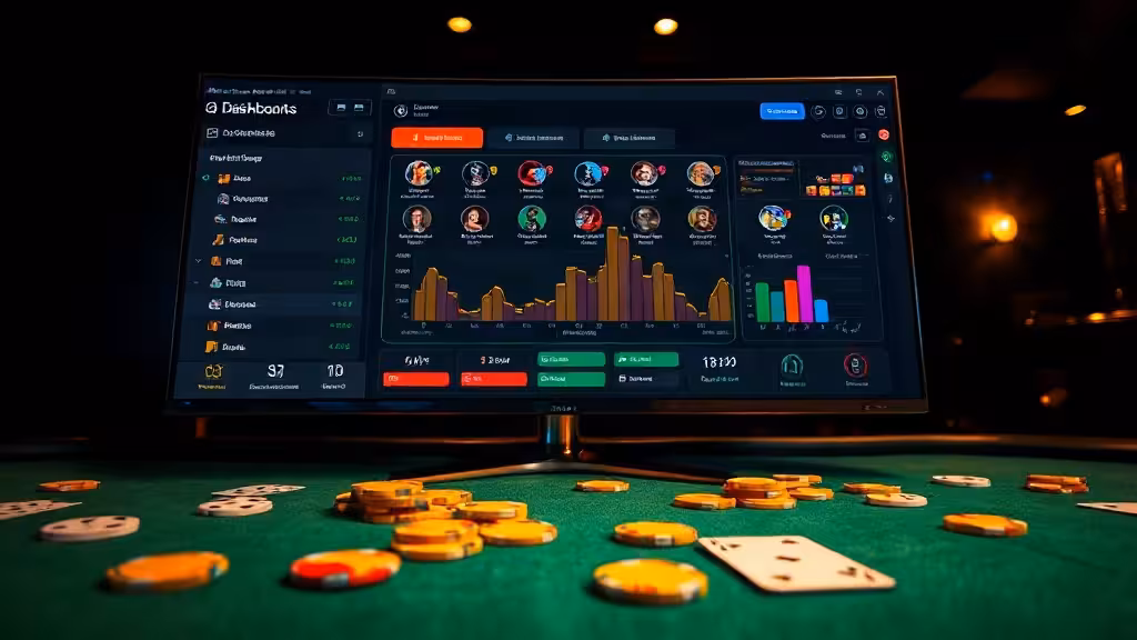 Interface MaChance Casino affichée sur écran avec jetons dorés et tapis vert, ambiance professionnelle de casino en ligne