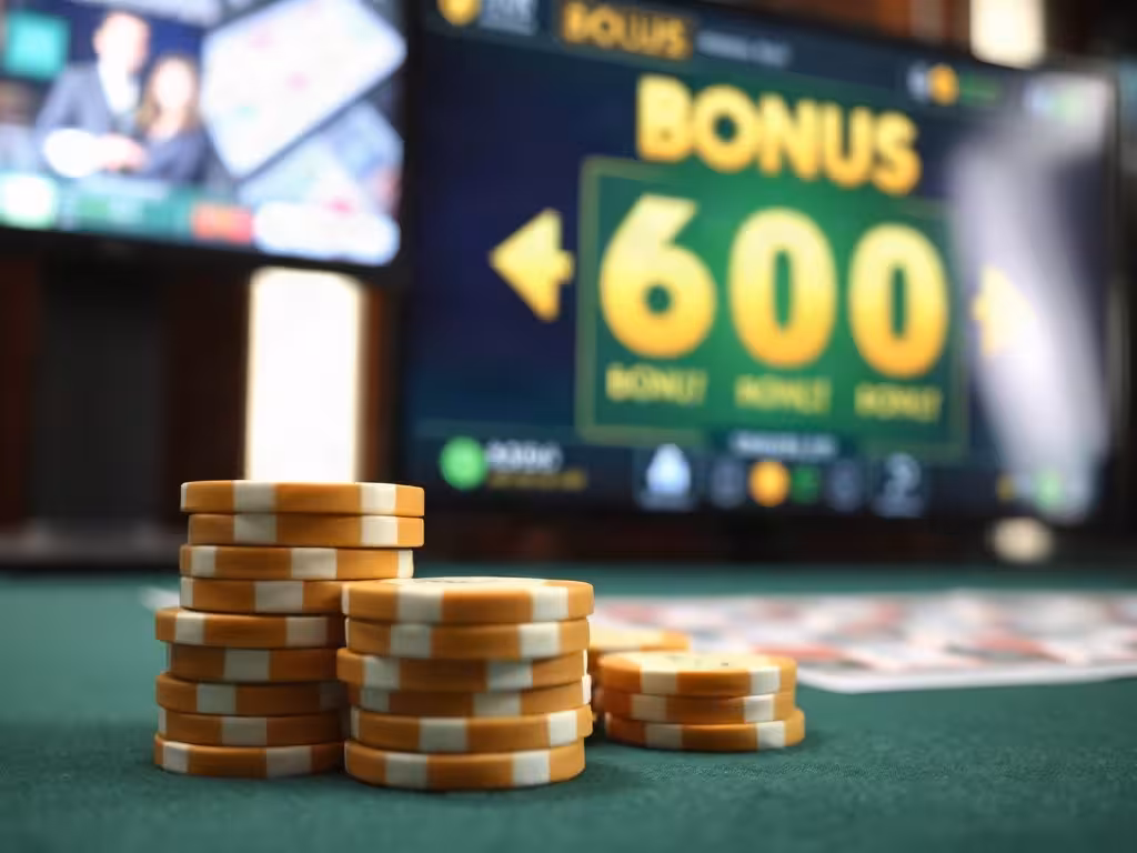 Jetons de poker dorés sur tapis de jeu vert illustrant le bonus et le wagering de MaChance Casino