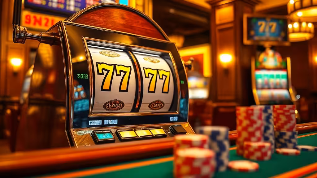 Machine à sous classique avec symboles 777 écairée en ambiance casino professionnel, jetons de jeu en avant-plan sur feutrine verte