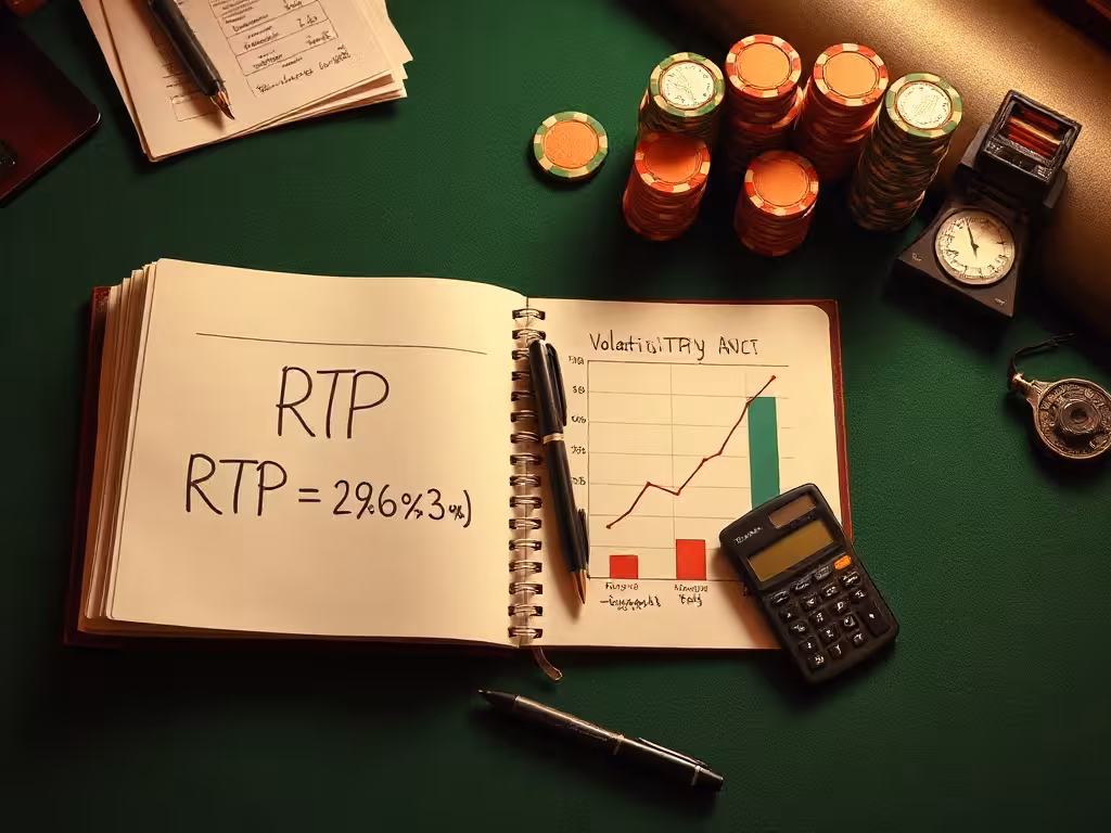 Bloc-notes affichant les statistiques RTP et volatilité d'une machine à sous, jetons et outils d'analyse sur table de casino