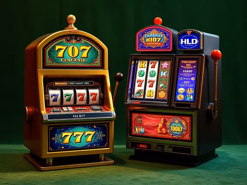 Comparaison de deux machines à sous : une mécanique classique 777 vintage et une vidéo moderne high-tech, côte à côte sur feutrine verte