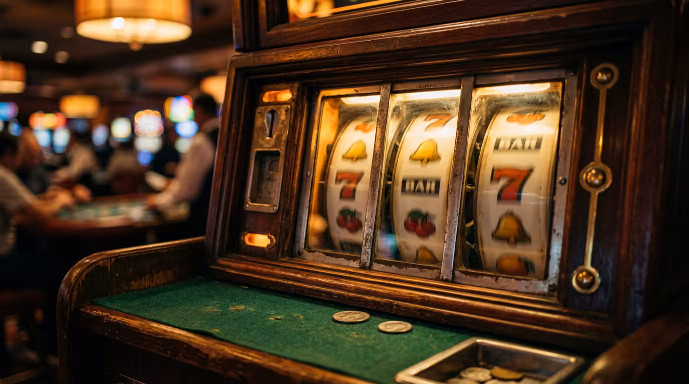Machine à sous avec rouleaux en mouvement dans une ambiance de casino aux tons chauds dorés