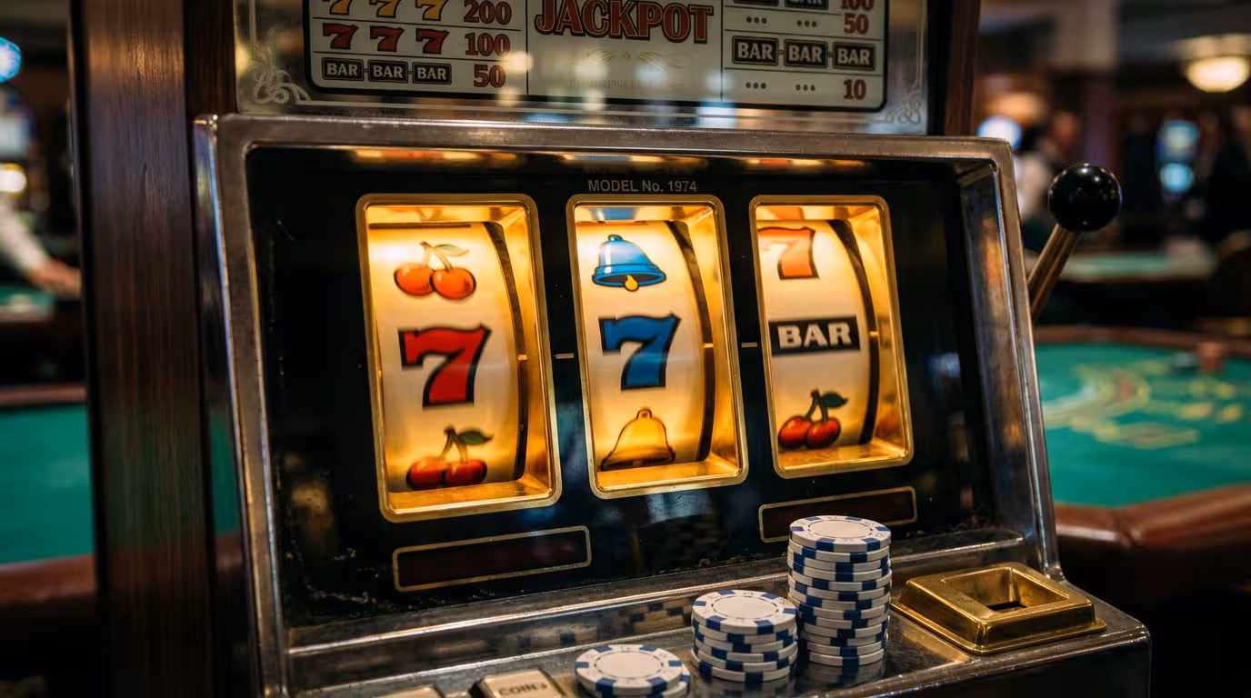 Machine à sous de casino avec rouleaux et jetons, illustrant l'anatomie des machines à sous