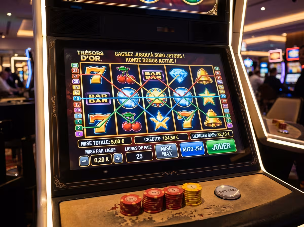 Interface machine à sous moderne montrant lignes de paiement et paramètres RTP