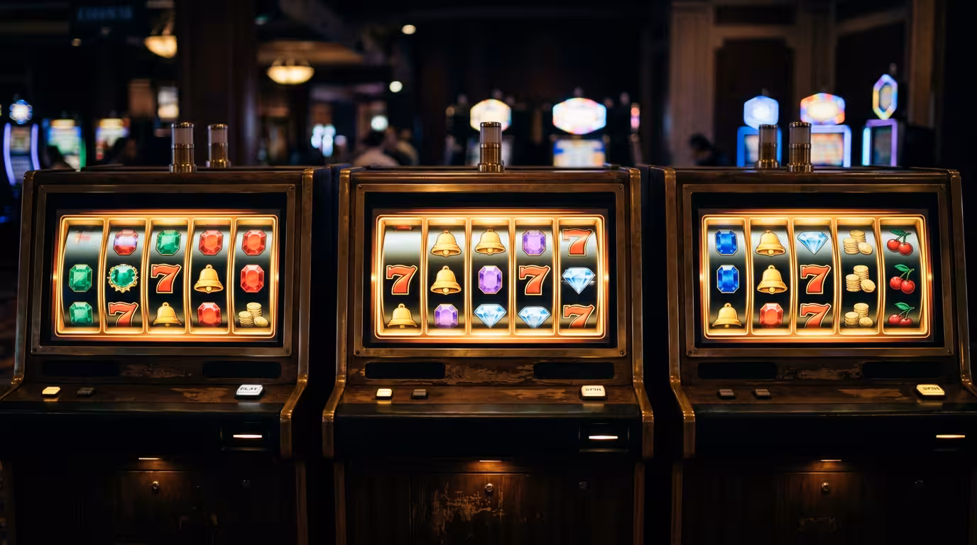 Trois écrans de machines à sous alignés dans une salle de casino, ambiance lumineuse tamisée dorée