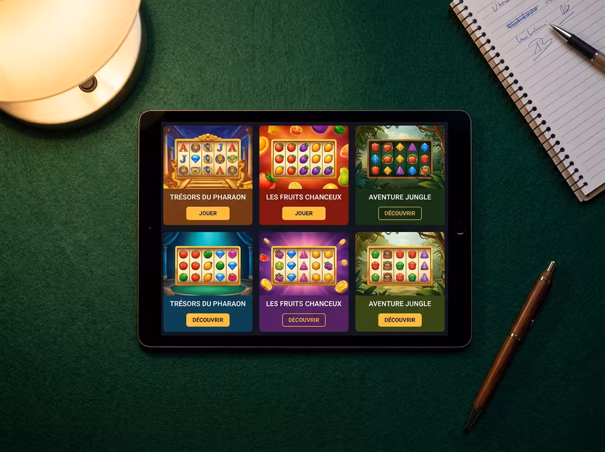 Tablette affichant une sélection de jeux de machines à sous en mode démo sur fond feutrine verte