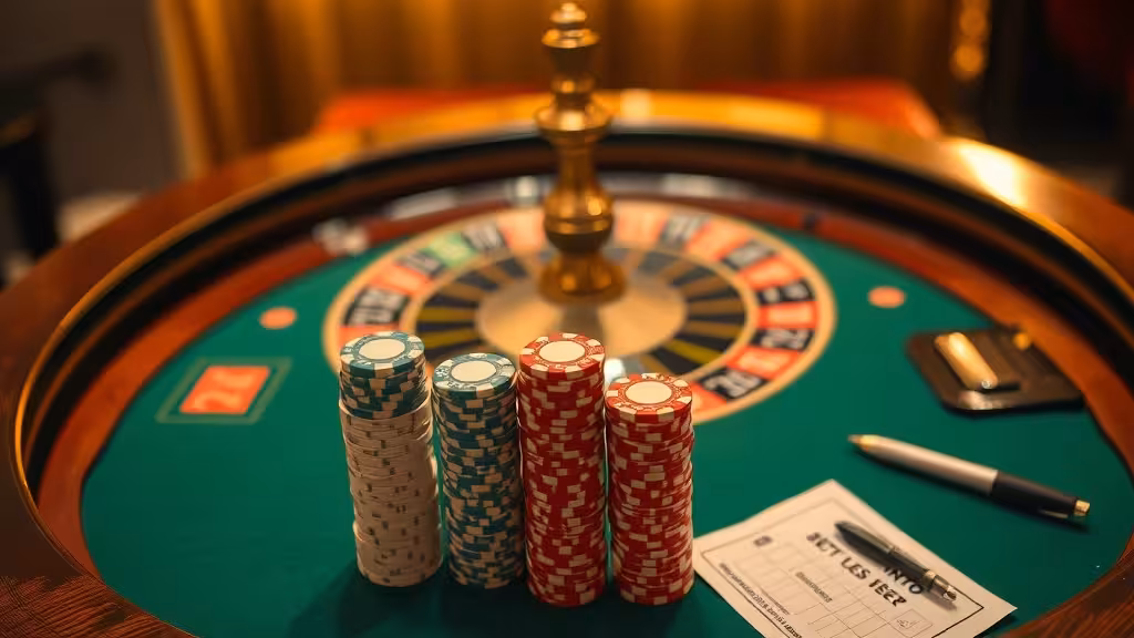 Table de roulette vue de dessus avec jetons empilés en progression et notes de stratégie mathématique