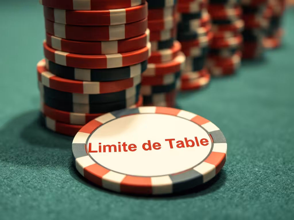 Jetons empilés en progression doublée, arrêtés par la limite de table, montrant le plafond infranchissable de la martingale